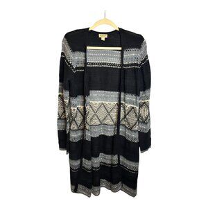 One World Sweater Women's Size Medium Cardigan Open Front crochet black gray